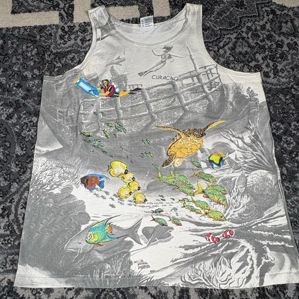 Vintage‎ Curaçao Tank Top Large Ocean Underwater Sea Turtle Fish Scuba Diver